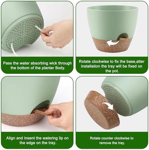 Plant Pots 10/9/8/7.5/7 Inch Self Watering Pots, Set of 5 Plastic Planters with Drainage Holes and Saucers,Plastic Flower Pots,Nursery Planting Pot for Indoor Out Door Plants(Green)