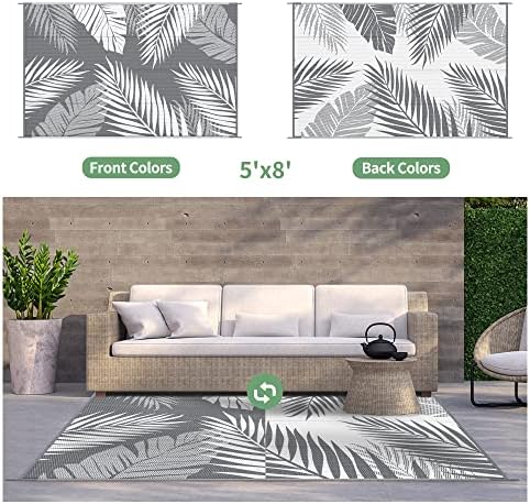 GENIMO Outdoor Rug 5' x 8' Waterproof for Patios Clearance, Reversible Plastic Straw Camping Carpet, Large Area Rugs Mats for RV, Picnic, Backyard, Deck, Balcony, Porch, Beach, Grey&White