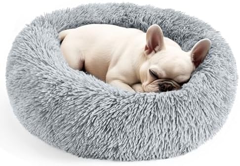 Hoewina Dog & Cat Bed for Indoor Cats, 20in Calming Donut Bed for Puppy and Kitten, Washable Round Fluffy Pet Bed for Small Medium Dogs and Cats (Light Grey)