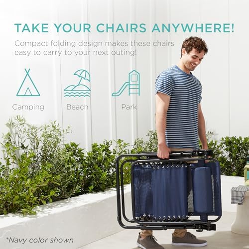 Best Choice Products Set of 2 Adjustable Steel Mesh Zero Gravity Lounge Chair Recliners w/Pillows and Cup Holder Trays - Black