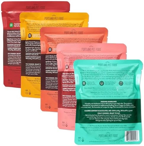 Portland Pet Food Company Mixed Fresh Dog Food Pouches Variety Pack - Human-Grade, Gluten-Free Wet Pet Meal Topper Mix-Ins & Meals - Small & Large Breed Puppy & Senior Dogs - Made in The USA - 5 Pack