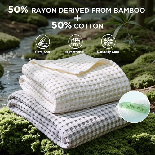 Bedsure Cooling Cotton Waffle Queen Size Blanket - Lightweight Breathable Summer Blanket of Rayon Derived from Bamboo for Hot Sleepers, Luxury Throws for Bed, Couch and Sofa, Ivory, 90x90 Inches