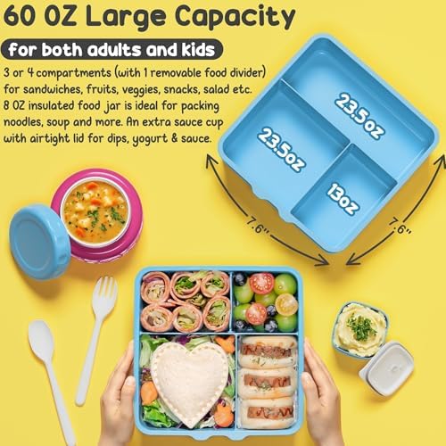 Fimibuke Bento Box for Kids Adult with Thermos, 3-4 Compartment 60OZ Toddler Lunch Box Container with Leakproof 8OZ Insulated Food Jar, Sauce Jar, Utensil for School Boy Girl, BPA-Free Dishwasher Safe
