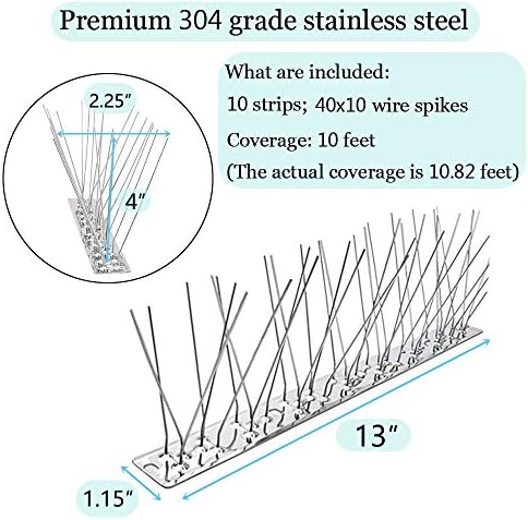 PANGCH Bird Spikes,Stainless Steel Bird Spikes Metal Bird Spikes Fence Spikes Easy to Install - 10 Strips 10.82 Feet Coverage