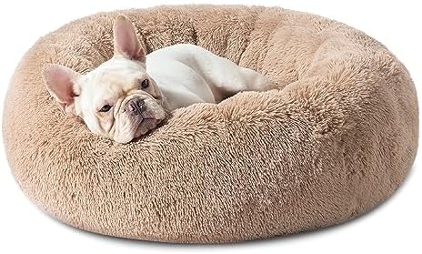 Bedsure Calming Dog Bed Medium Size Dog - Donut Washable Medium Pet Bed, 30 inches Anti-Slip Round Fluffy Plush Faux Fur Cat Bed, Fits up to 45 lbs Pets, Camel
