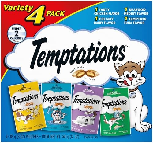 Temptations Classic Crunchy and Soft Cat Treats Feline Favorites Variety Pack, 3 oz. Pouches (Pack of 4)
