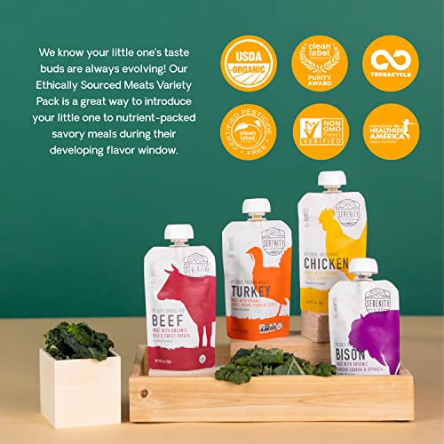 Serenity Kids 6+ Months Baby Food Pouches - Ethically Sourced Meat & Organic Veggies - High Protein Savory Baby Puree Pouches for Baby Snacks - 3.5 Oz, 8 Pack