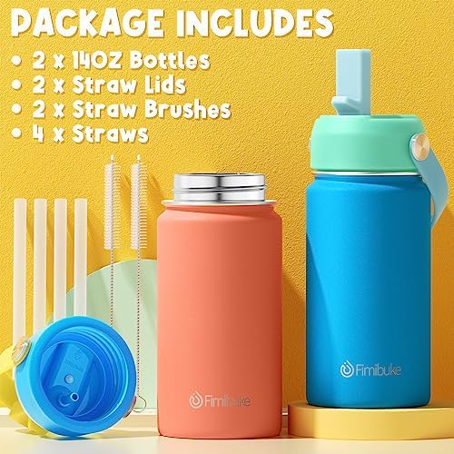 Fimibuke Kids Insulated Water Bottle - 14oz BPA-FREE 18/8 Stainless Steel Travel Tumbler Leak Proof Double Wall Vacuum Kid Cup with Straw Metal Water Bottle for School Boys Girls(2 Pack, Candy/Bubble)