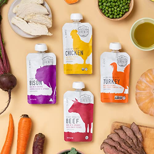 Serenity Kids 6+ Months Baby Food Pouches - Ethically Sourced Meat & Organic Veggies - High Protein Savory Baby Puree Pouches for Baby Snacks - 3.5 Oz, 8 Pack