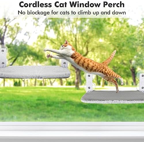 AMOSIJOY Cordless Cat Window Perch, Cat Hammock for Wall with 4 Suction Cups, Anchor&Screw for Two Ways of Installation, Solid Metal Frame and Reversible Cover, Foldable Cat Beds for Indoor Cats