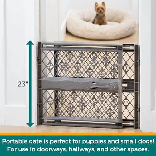 MYPET North States Paws Portable Pet Gate: 26-40" Wide. Pressure Mount. No Tools Needed. Made in USA. Dog Gate 23" Tall, Expandable, Durable Dog Gates for Doorways, Fieldstone Gray