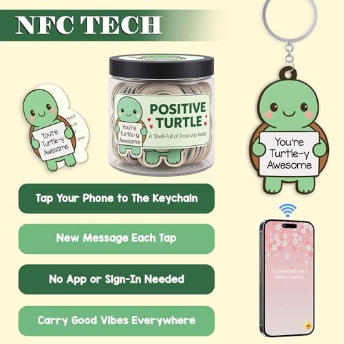 60 Positive Turtle Cards Jar Jar with NFC Keychain Turtle, Affirmation Cards For Women, Unique Birthday Gifts For Women and Men, Girl Gifts Trendy Stuff, Positive Affirmations Cards