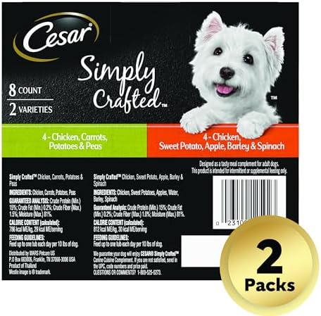 Cesar Simply Crafted Adult Wet Dog Food Meal Topper, Chicken, Carrots, Potatoes & Peas and Chicken, Sweet Potato, Apple, Barley & Spinach Variety Pack (8 Count, Pack of 2)