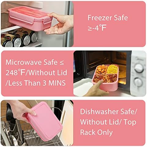 Caperci Classic Bento Box Adult Lunch Box for Older Kids - Leakpoof 47 oz 3-Compartment Lunch Containers for Adults and Teens, Built-in Utensil Set, Ideal for On-the-Go Balanced Eating, Pink
