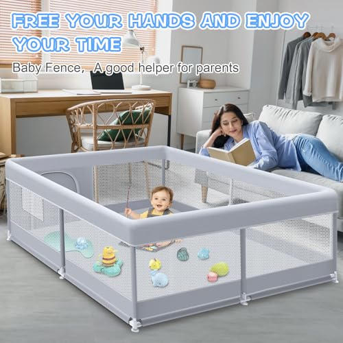 Baby Playpen 50 x 50 Inch Play Pen Playards, Playpen for Babies and Toddlers, Baby Playard for Indoor & Outdoor Active Center Game Fence, with Skin-Friendly Fabric and Soft Breathable Mesh Grey
