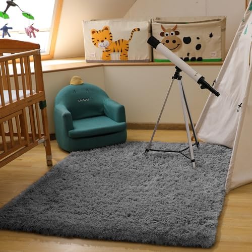 Ophanie Area Rugs for Bedroom, Upgrade Non-Slip Grey Fluffy Soft Shag Carpet, Indoor Floor Gray 4x6 Fuzzy Shaggy Living Room Plush Rug for Kids Home Dorm Decor Aesthetic