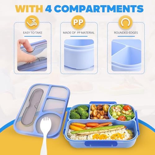 EASYFUN Bento Box Adult, Lunch Box kids, 4-Compartment Lunch Containers, Drop-Proof, Dishwasher Safe & Made with BPA-Free Materials (Blue)