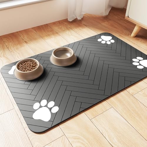 Pet Feeding Mat-Absorbent Pet Placemat for Food and Water Bowl, with Waterproof Rubber Backing, Quick Dry Water Dispenser Mat for Dog and Cat (17"x27", Striped Dark Gray)
