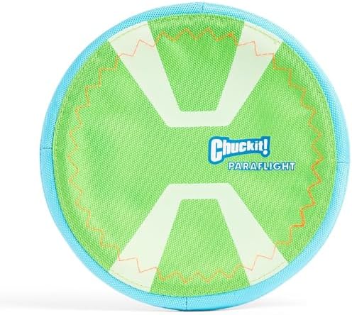 Chuckit! Max Glow Paraflight Flying Disc Dog Toy - Water Floating Flyer - Durable Nylon Construction with Soft Rubber Edges - For Medium and Large Dogs - Size Large - 9.75" L x 9.75" W - Pack of 1