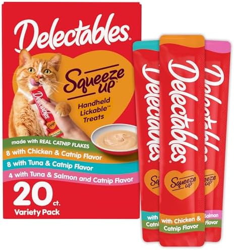 Delectables Squeeze Up Catnip Variety Pack, Creamy Squeezable Puree, Lickable Wet Cat Treats, Grain Free, No Added Fillers, No by-Products, No Added Preservatives, 0.5 Ounces Tube, 20 Tubes Total