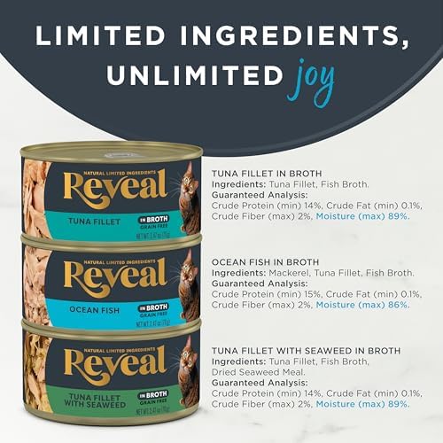 Reveal Natural Wet Canned Cat Food, Limited Ingredient, Grain-Free, Protein with No Artificial Additives, Fish Variety in Broth (12 x 2.47 oz Cans)