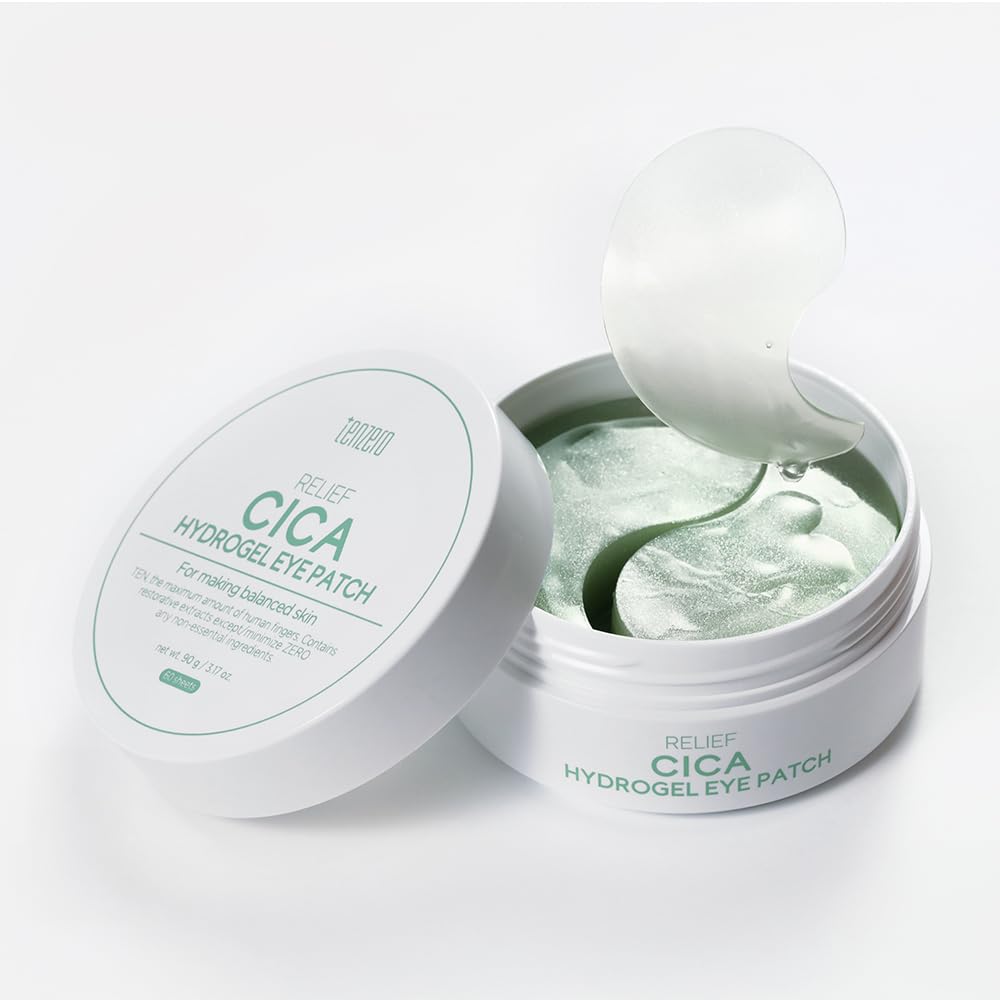 tenzero Relief Cica Hydrogel Eye Patch (60 pairs, 90g), Centella Treatments for Puffy Eye, Fine Lines, Soothing, Eye Puffiness Reducer, Hydrating Eye Pads, Korean Under Eye Masks Skincare