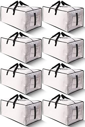 8 Pack Large Strong Moving Bags with Zippers & Carrying Handles - Water-Resistant - Heavy Duty Storage Tote for Space Saving, Fold Flat, Alternative to Moving Box (Semi-Transparent)