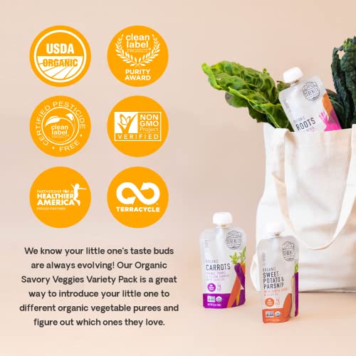 Serenity Kids 6+ Months Veggie Puree Organic Baby Food Pouches - No Added Sugar, Allergen-Free & BPA-Free Baby Snacks - 3.5 Oz, 8 Pack