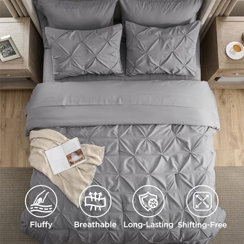 Bedsure Queen Comforter Set Grey - Bed in a Bag Queen Size 7 Pieces, GentleSoft™ Pintuck Bed Set Gift for Family, Pinch Pleat All Season Comforter with Sheets, Pillowcases & Shams