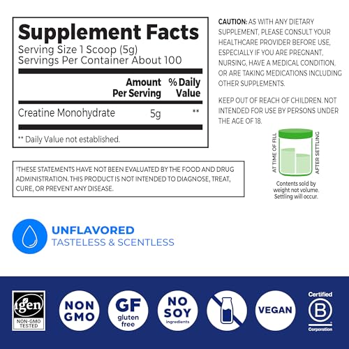 Orgain Creatine Monohydrate Micronized Powder, Unflavored, Supports Muscle Growth, Post Workout Recovery and Brain Health, No Artificial Additives, for Men & Women, 100 Servings