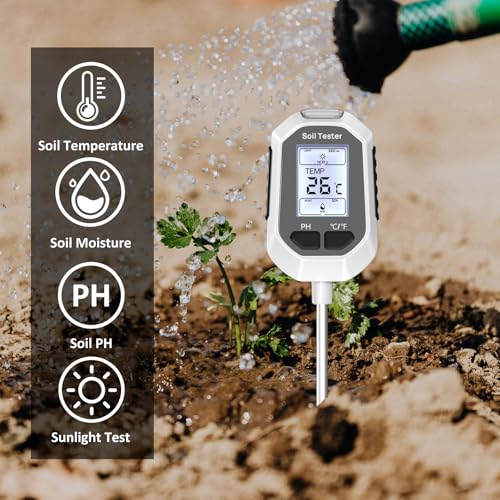 4-in-1 Soil Moisture Meter Digital Plant Temperature/Soil Moisture/PH Meter/Sunlight Intensity Backlight LCD Display Soil Test Meter for Gardening, Farming and Outdoor Plants