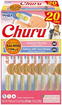 INABA Salmon Churu Cat Treats, Lickable, Squeezable Creamy Purée Cat Treat with Green Tea Extract & Taurine, 0.5 Ounces Each Tube, 20 Tubes, Salmon & Tuna Variety Box