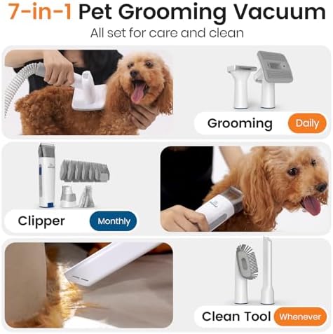 oneisall Dog Grooming Vacuum, Pet Grooming Vacuum with Clipper Nail Grinder, 1.5L Dust Cup Dog deshedding Vacuum Brush with 7 Pet Grooming Tools for Shedding Pet Hair, Home Cleaning