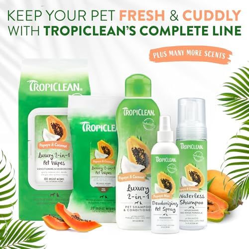 TropiClean 2-in-1 Dog Shampoo and Conditioner, Moisturizing Dog Detangler, Puppy Safe, Made in the USA, Papaya Scent, Cat & Kitten Safe, 20oz.