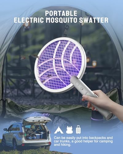 Electric Fly Swatter Racket, Mosiller 2 in 1 Smart Bug Zapper & Power Take Off Generators with USB Rechargeable Base, Powerful Mosquitoes Trap Lamp & Fly Killer for Home, Bedroom (Light GreyοΌ1 PackοΌ)