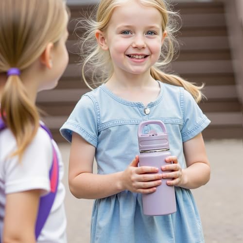 12oz Kids Water Bottle for School, Toddler Bottles with Straws, Stainless Steel Vacuum Insulated Water Bottle for Boys&Girls, Leak-Proof, BPA-Free, Purple