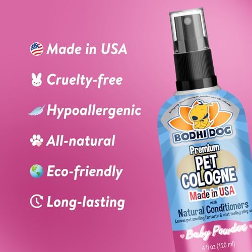 Bodhi Dog Premium Dog Cologne - Deodorizing Dog Perfume & Conditioner for Dogs & Cats - Natural Long Lasting Spray - Keeps Pets Fresh All Day - Gentle & Safe Formula, Made in USA (Baby Powder 4 Fl Oz)