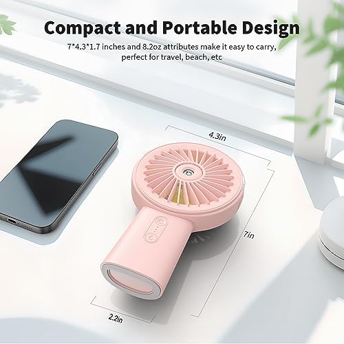 Otlonpe Handheld Misting Fan Portable, 4000mAh Rechargeable Small Personal Water Spray Hand Held Mist Fan Battery Operated, 90° Rotatable, Power Bank for Travel Home Office Men Women Kids (Pink)