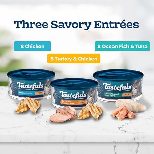Blue Buffalo Tastefuls Wet Cat Food Paté Variety Pack, Made with Natural Ingredients, Chicken, Turkey & Chicken, Ocean Fish & Tuna Entrées, 5.5-oz Cans (24 Count, 8 of Each)