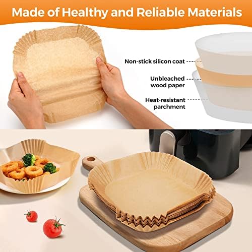 Air Fryer Paper Liner Disposable - 100PCS 6.5 Inch Square Liners for Air Fryer, Grease and Water Proof Non Stick Basket Parchment Paper