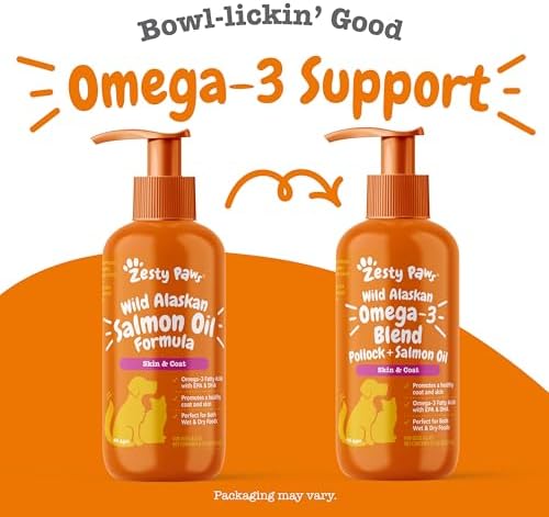 Zesty Paws Wild Alaskan Omega-3 Blend Pollock + Salmon Oil for Dogs and Cats- Skin and Coat Support, Omega 3 Supplement for Pets, 8.5oz