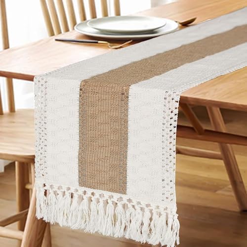 FEXIA Boho Table Runner for Summer Home Decor with Tassels 72 Inches Long Farmhouse Rustic Table Runner Macrame Burlap Table Decoration for Living Room Bridal Shower(12x72 Inches)