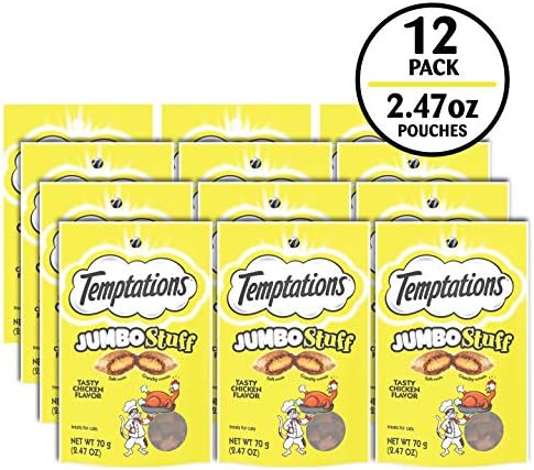Temptations Jumbo Stuff Crunchy and Soft Cat Treats, Tasty Chicken Flavor, 2.5 oz. Pouch (Pack of 12)