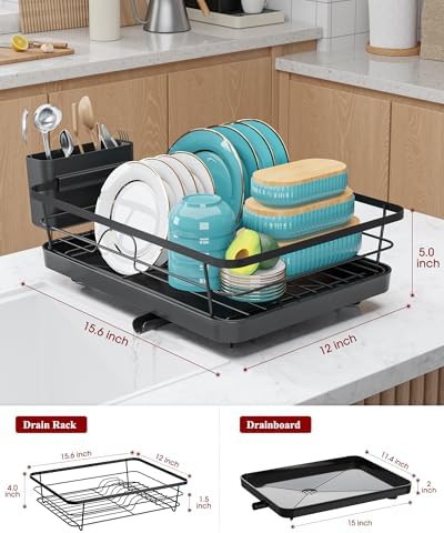 Dish Drying Rack - Stainless Steel Dish Rack with Drainboard for Kitchen Counter and Sink, 15.6" D x 12" W x 5" H, Black