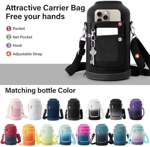 Insulated Water Bottle | Thickened Stainless Steel Vacuum Metal | Portable Sports Half Gallon Large Water Jug for Gym and Hiking with Straw, Carrier Bag, Handle Strap | BPA-Free 64 oz