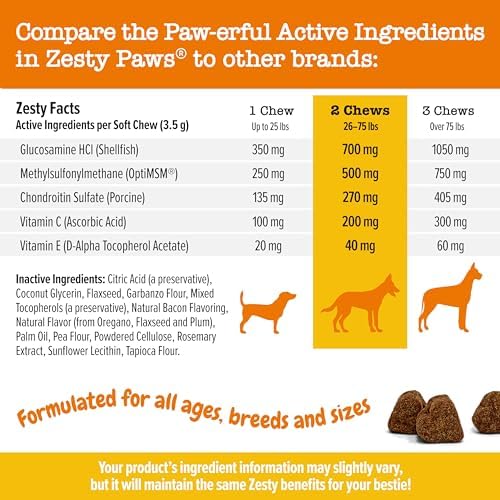 Zesty Paws Hip and Joint for Dogs, Glucosamine for Dogs Hip and Joint Supplement with Chondroitin, MSM, Vitamins C & E - Bacon, 90 Count
