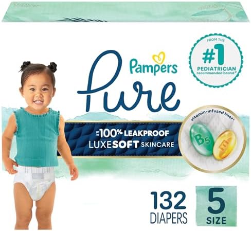 Pampers Pure Protection Baby Diapers, Size 5 (27+ lbs), 132 Count, Up to 100% Leakproof, Premium Plant-based Skin Protection, Hypoallergenic Soft Diapers
