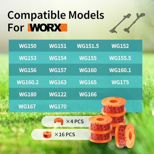 20 Pack Trimmer Spool Line for Worx,(WA0010)Replacement Trimmer Spool Line for Worx,Trimmer Line Refills 0.065 inch for Worx,Suitable for Worx String Trimmers(16 Pack Grass Trimmer Line,4 Trimmer Cap)