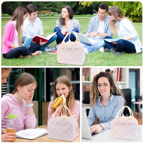 Cotton Quilted Insulated Lunch Bag, Cute Quilted Floral Lunch Tote Bags Reusable Insulated Lunch Box Coquette Aesthetic Large Capacity Insulated Cooler for Women Work Travel Picnic (Pink)