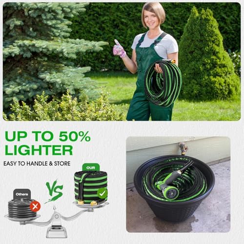 50FT Lightweight Super Flexible Garden Hose - Kink-Free, Non-Expanding, Easy Storage for Yard Lawn Outdoor Use (Black-Green)